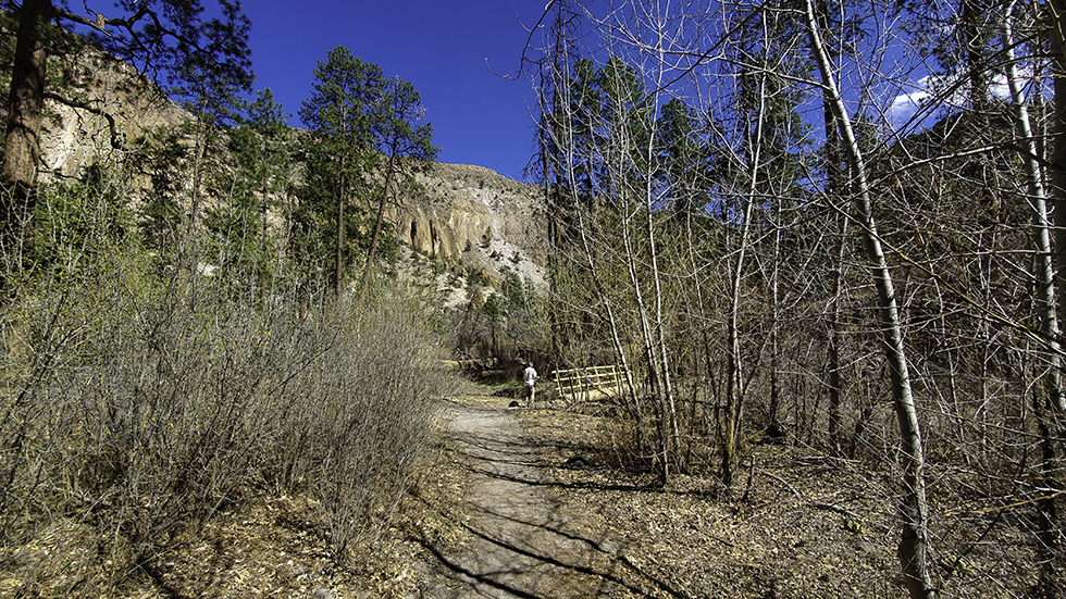 A trail opens up to a view of orange cliffs. A bridge is visible in the distance and a person is about to cross it.