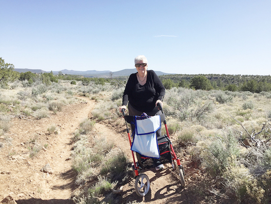 Volunteer Terry Foxx is leading PEEC’s Discoverability project. In this photo, she is exploring Portillo Canyon Loop with her Rollator walker.