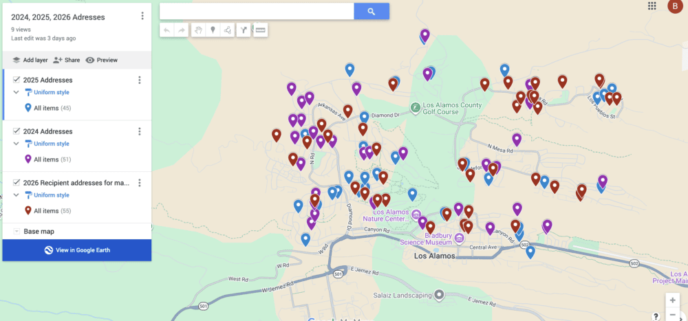 A map showing three years of Backyard Pollinator Garden Project locations in Los Alamos.
