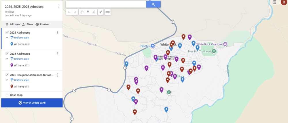 A map showing 3 years of Backyard Pollinator Garden locations in White Rock.